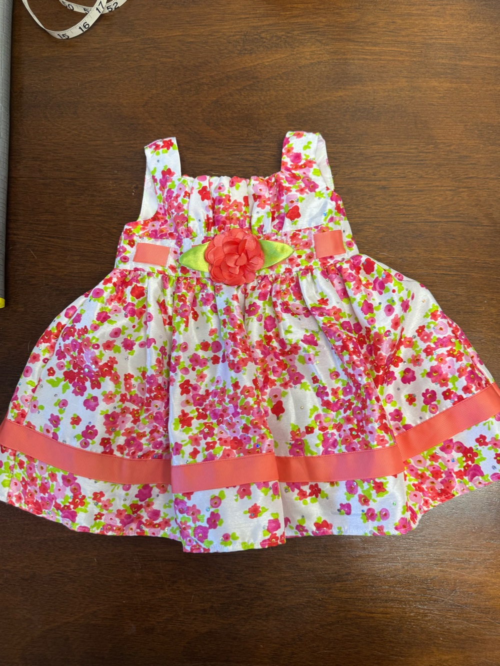 Youngland White Floral Coral Pink Green Ribbon Flower Dress